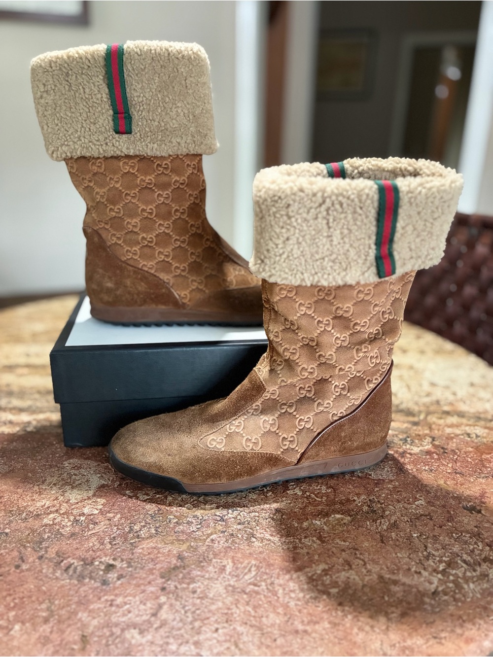 Gucci Authentic Suede GG Shearling Boots Size 8 1/2